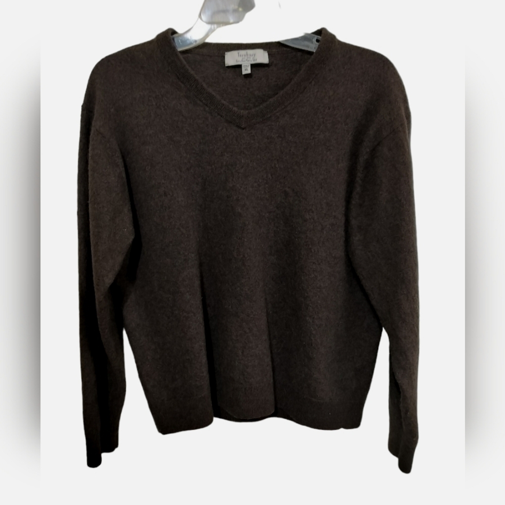 M380) Turnbury Men's Merino Brown Wool Long Sleeve V Neck Sweater Size XL